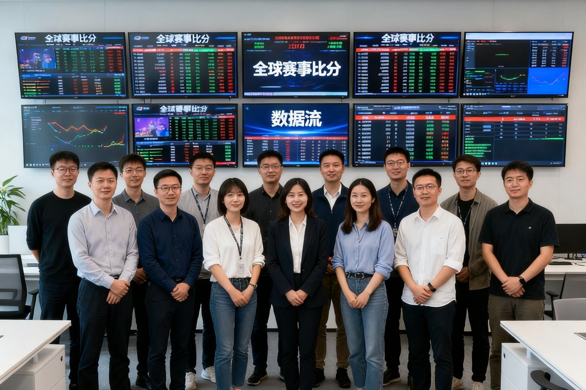 24直播网团队在现代化办公室的合影，背景墙上排列着多块实时数据监控屏幕，显示全球赛事比分和数据流